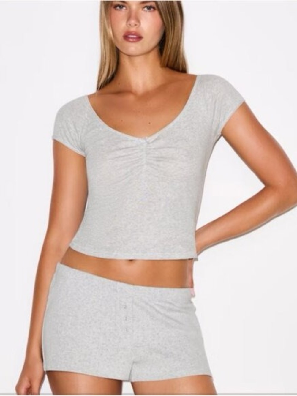 SKIMS Light Gray Scoop Ruched Crop Top